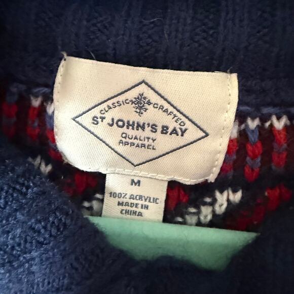 St Johns Bay Fair Isle Long Line Cardigan SZ M Red Blue Tan Cozy Warm Winter - Picture 3 of 11